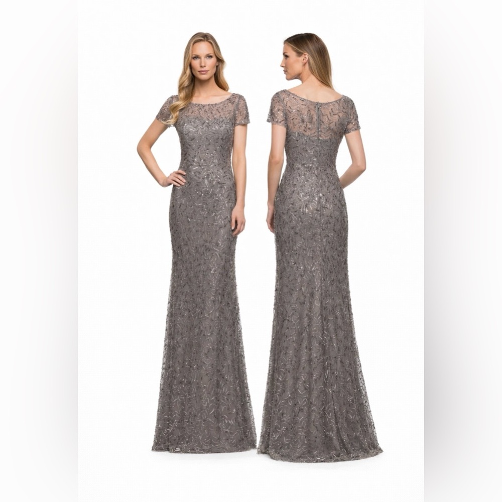 La Femme 29910 Silver Sequin Embroidered Mesh Formal Gown Size 10 $618